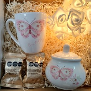 Box Taza y Azucarera Mariposas set de te con alfajores