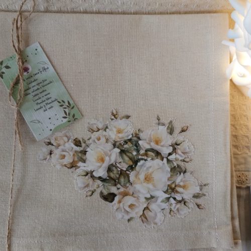 servilleta de lienzo de algodon, 40 x 40 cm, estampada con flores blancas